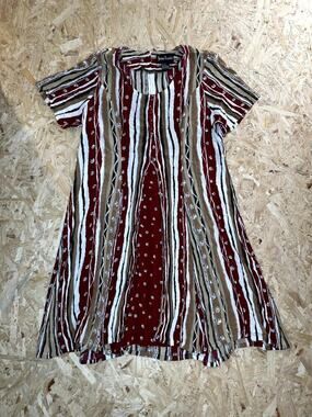 Jamie Brooke Vintage Dress Womens 18 Red Brown Stripe Rayon Short Sleeve Midi